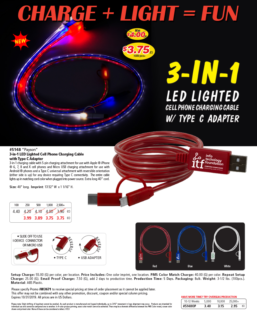 #5148 3-in-1 LED Lighted Cell Phoen Charging Cable with Tpe C Adapter