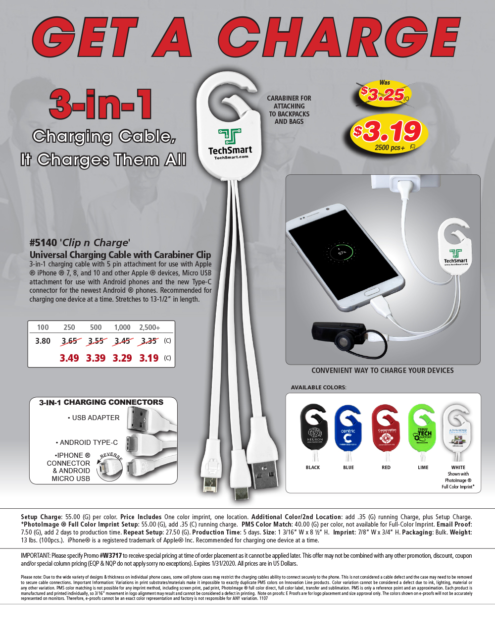#5140 Weber 3-in-1 Charging Cable For Cell Phones and Tablets wiht Carabiner Type Spring Clip