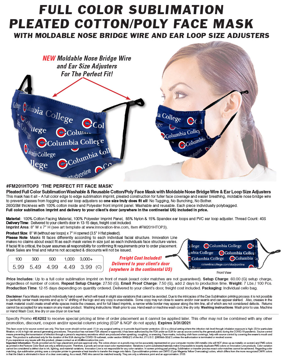 #FM201HTOP3 The Perfect Fit Face Mask - Pleated Full Color Sublimation Washable & Reusable Cotton/Poly Face Mask with Moldable Nose Bridge Wire & Ear Loop Size Adjusters
