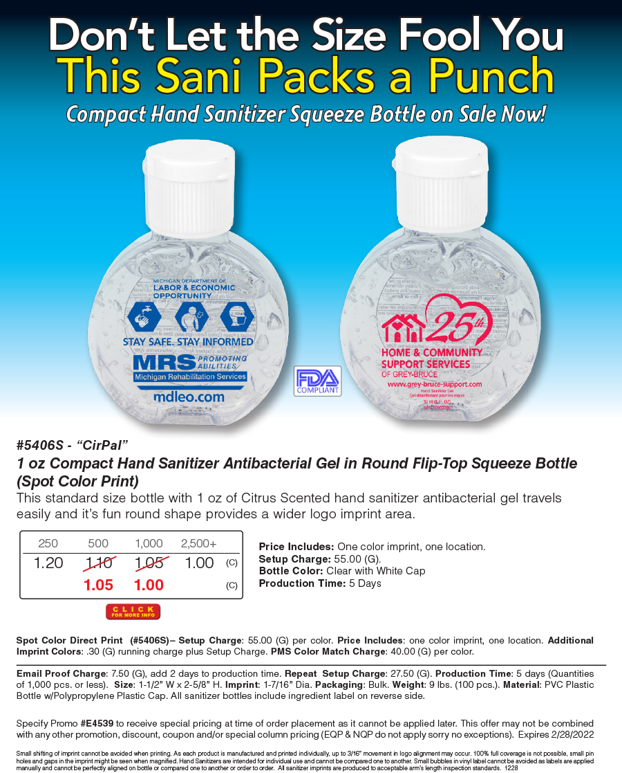 #5406S - CirPal 1 oz Compact Hand Sanitizer Antibacterial Gel in Round Flip-Top Squeeze Bottle (Spot Color Print)