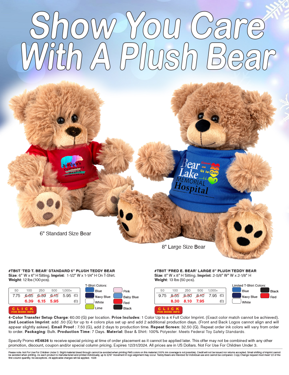 #TB6T  TB8T Plush Teddy Bear with Choice of T-Shirt Color