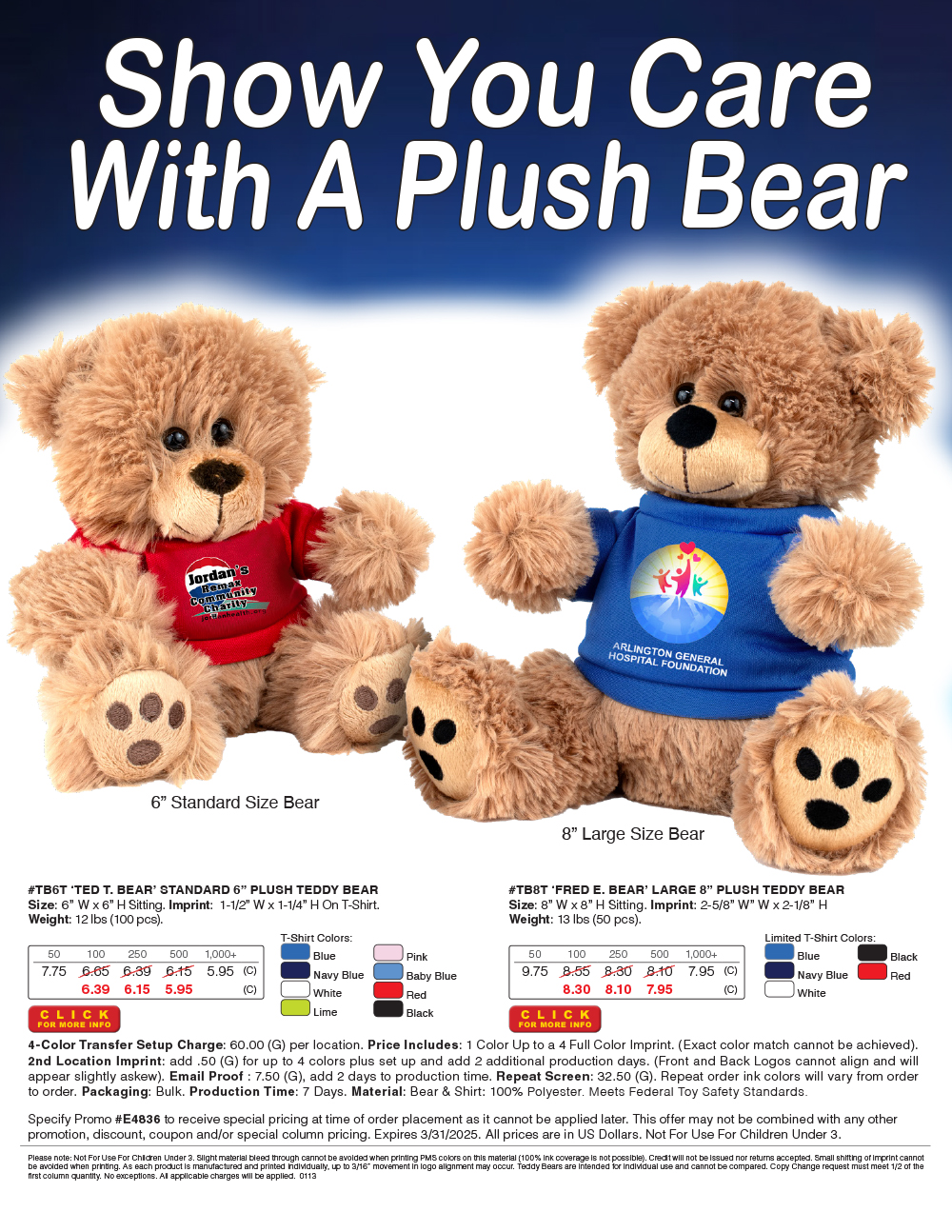 #TB6T  TB8T Plush Teddy Bear with Choice of T-Shirt Color