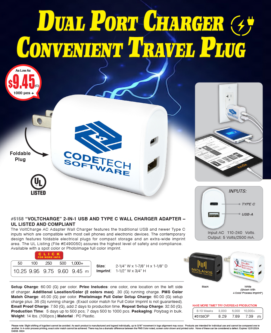 5158 2-in-1 USB and Type C Wall Charger Adapter   