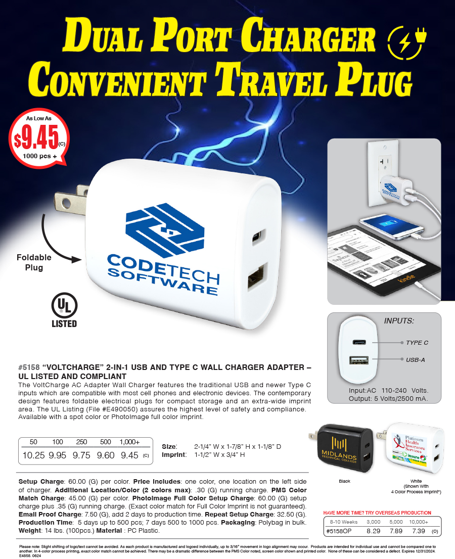 5158 2-in-1 USB and Type C Wall Charger Adapter   