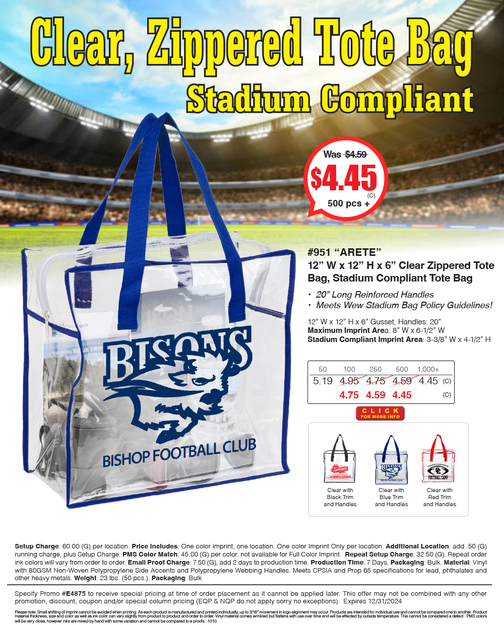 #951 Zippered Clear Stadium Tote