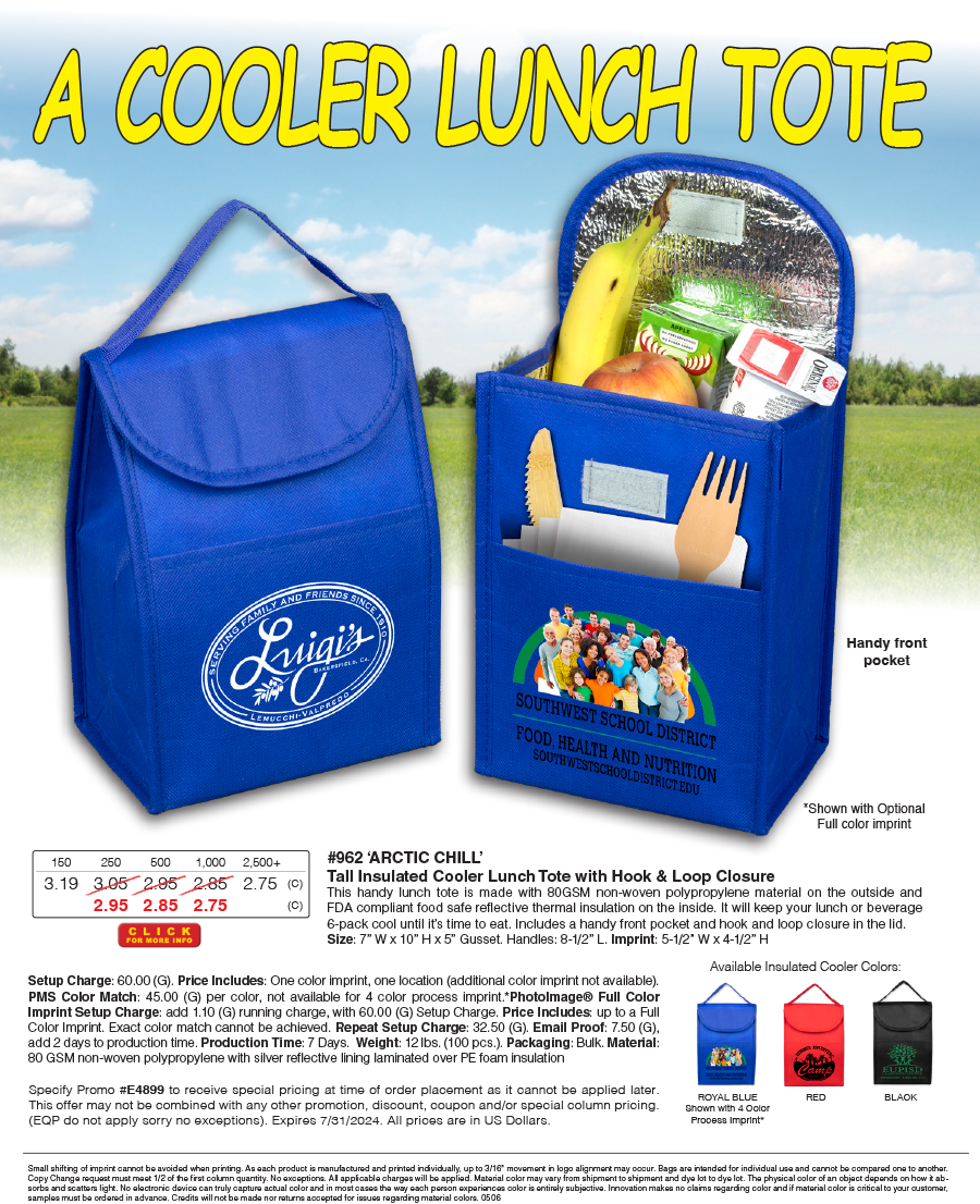 962 ARCTIC Chill - Tall Insulated Cooler Lunch Tote with Hook & Loop Closure