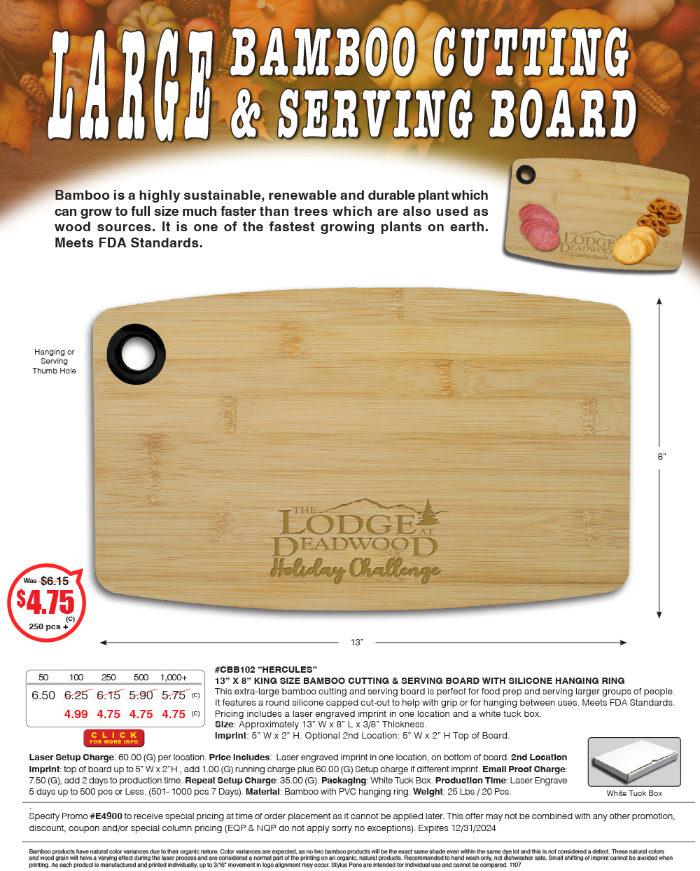 CBB102 - 13 in. x 8 in. King Size Bamboo Cutting and Serving Board with Silicone Hanging Ring