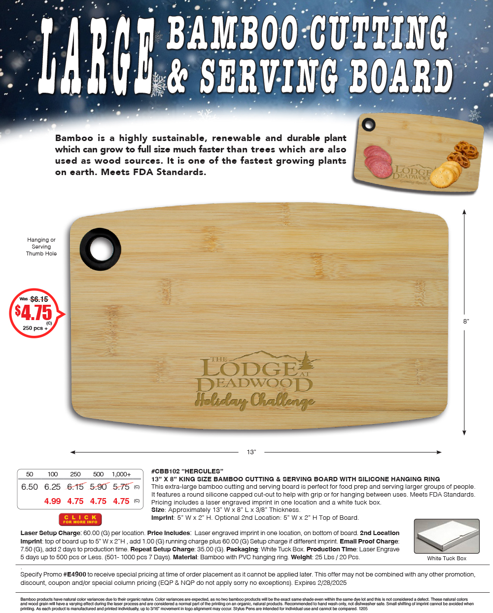 CBB102 - 13 in. x 8 in. King Size Bamboo Cutting and Serving Board with Silicone Hanging Ring