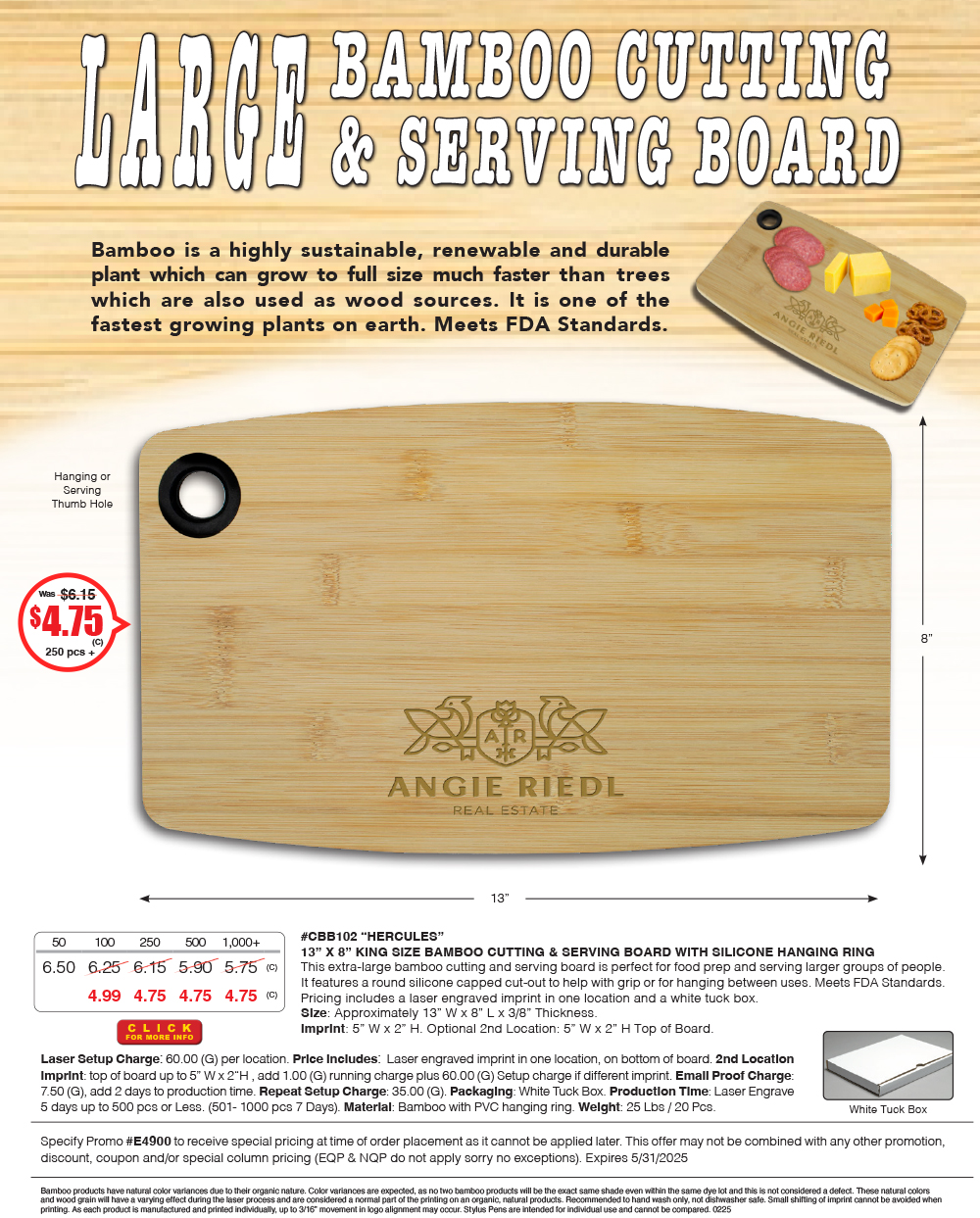 CBB102 - 13 in. x 8 in. King Size Bamboo Cutting and Serving Board with Silicone Hanging Ring