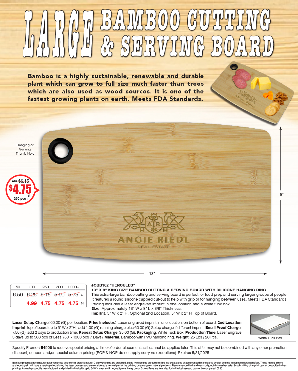 CBB102 - 13 in. x 8 in. King Size Bamboo Cutting and Serving Board with Silicone Hanging Ring