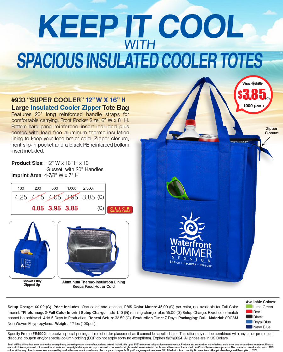 933 80GSM Non-Woven Large Zippered  Insulated -Super Cooler- Tote Bag