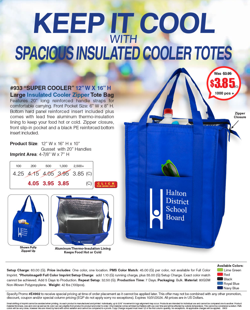 933 80GSM Non-Woven Large Zippered  Insulated -Super Cooler- Tote Bag