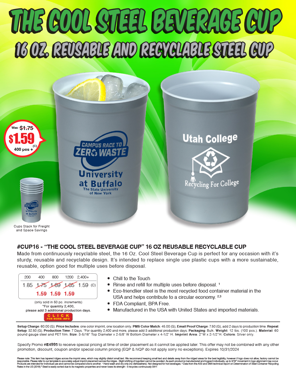 #CUP16 - The Cool Steel Beverage Cup - 16 OZ REUSABLE RECYCLABLE CUP