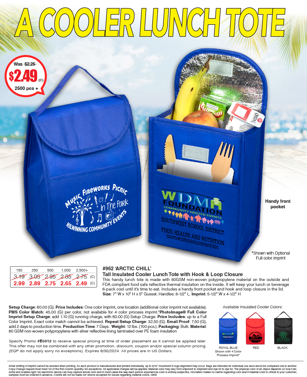 962 ARCTIC Chill - Tall Insulated Cooler Lunch Tote with Hook & Loop Closure