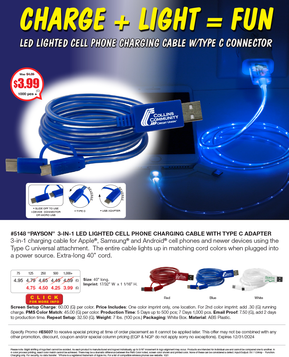 5148 3-in-1 LED Lighted Cell Phone Charging Cable with Type C Adapter