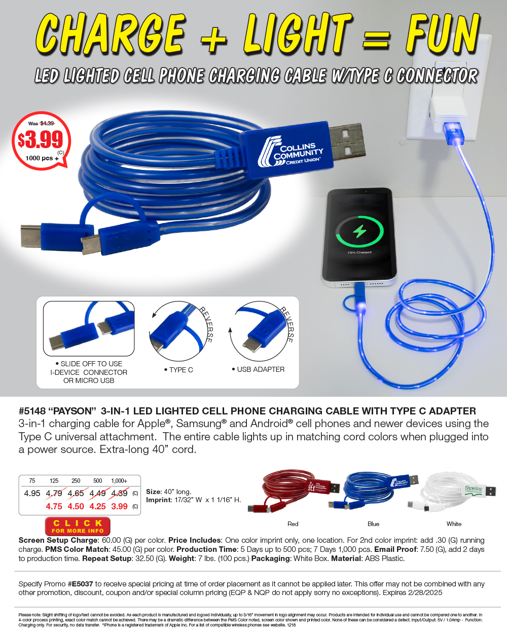 5148 3-in-1 LED Lighted Cell Phone Charging Cable with Type C Adapter