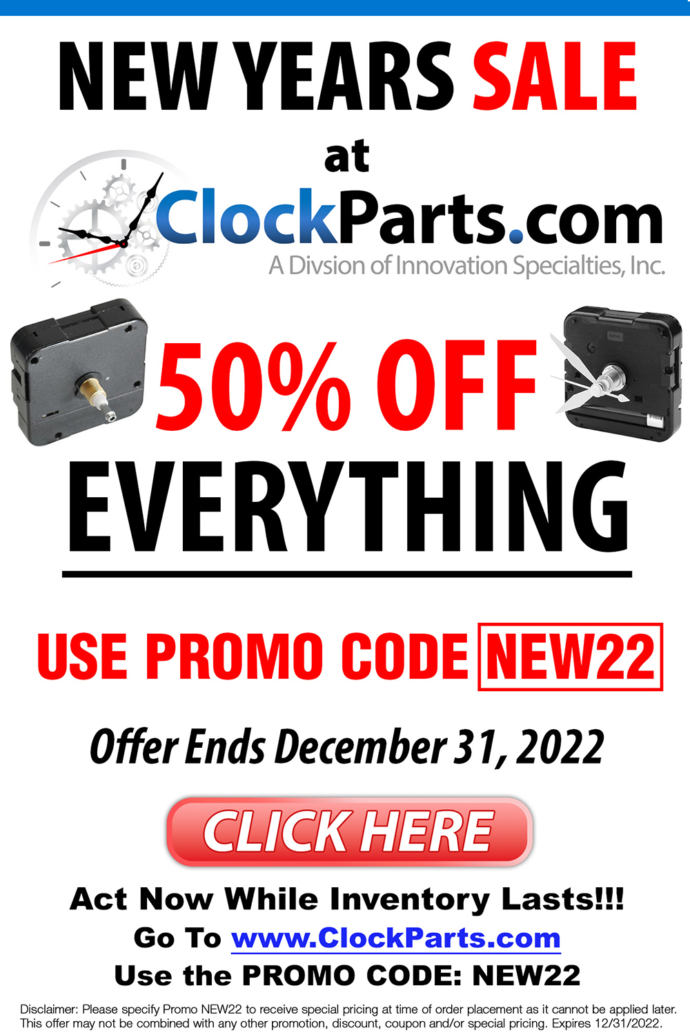 Clock Parts 50% OFF - Offer Lasts Until December 31 – Special Savings