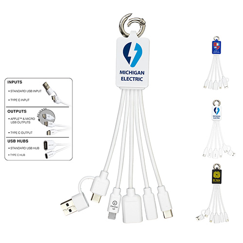 "FUSION" 5-IN-1 Cell Phone Charging Cable With Type C Adapter And Carabiner Type Spring Clip