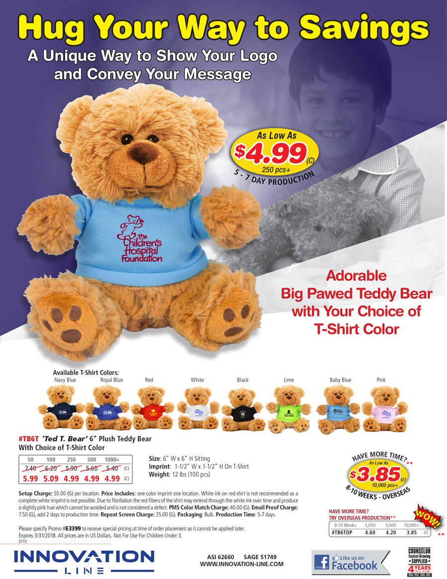 TB6T -Ted T. Bear- Plush Teddy Bear with Choice of T-Shirt Color